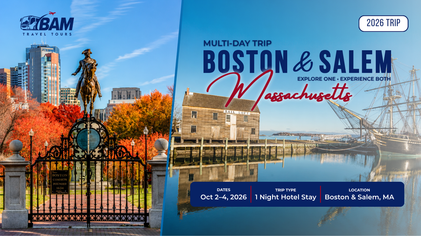 Boston & Salem | Explore One • Experience Both | 1-Night Salem Area Hotel Stay | Oct. 8–11, 2026